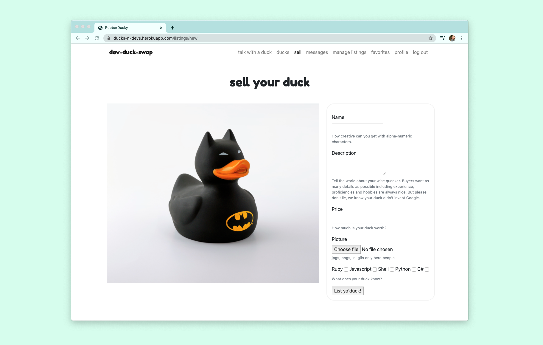 devduckswap market place make a listing page. picture of batman duck with form to enter details.
